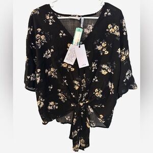 NWT LUQ Black Floral Tie Front Blouse